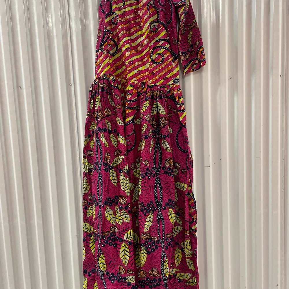 Authentic Custom African Maxi Dress in Magenta and Lime Leaf Print Size 12